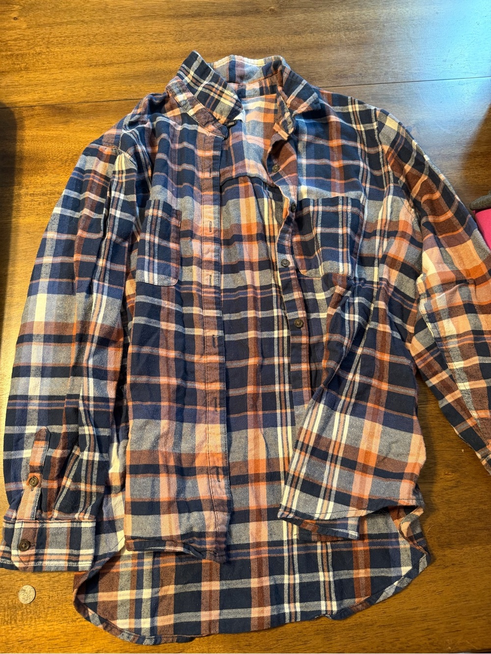 Navy and Orange Plaid Button-Up Shirt